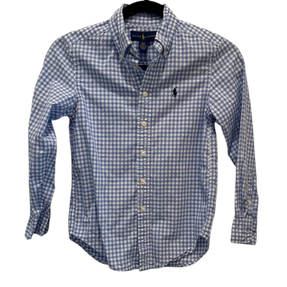 Ralph Lauren Light Blue and White Checkered Kids Button Down Shirt Size 8